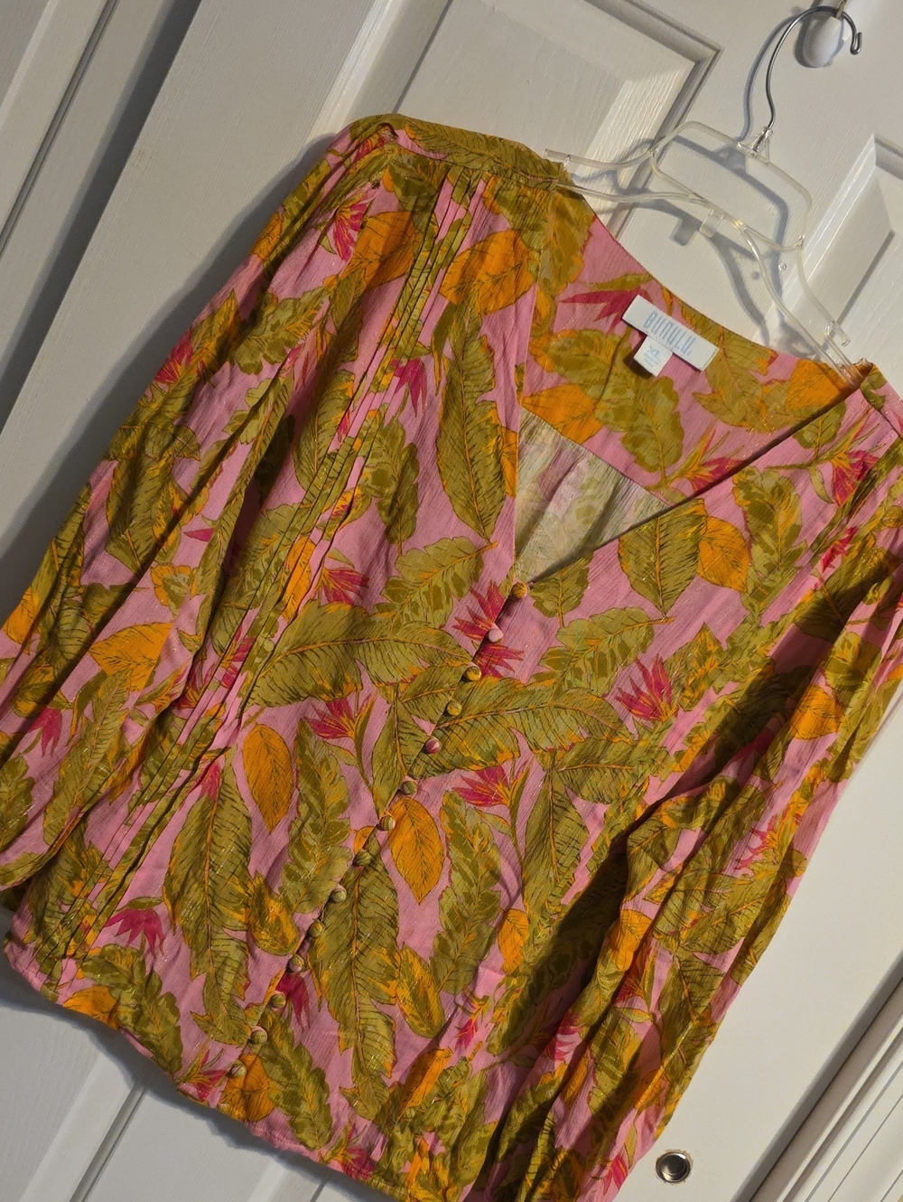 Bunulu XL Tropical Leaf Print Button Front Boho Blouse Pink Gold Shimmer